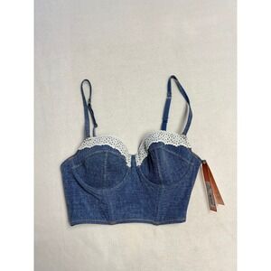 Blue Denim Corset Bra Top Lace Trim Sweetheart‎ Neckline Adjustable Straps XS
